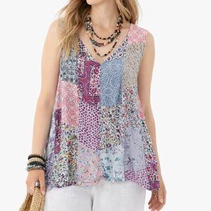 Blue Sky Patchwork Mixed Print Boho Sleeveless Flowy Swing Top Lagenlook Artsy L